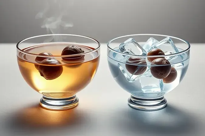 Render 3D conceitual de duas tigelas com castanhas representando choque térmico entre água fervente e água com gelo.