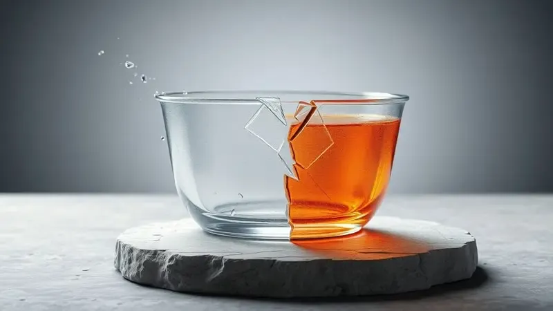 Recipiente de vidro fraturado por choque térmico com contraste entre frio extremo e calor em renderização 3D dramática.