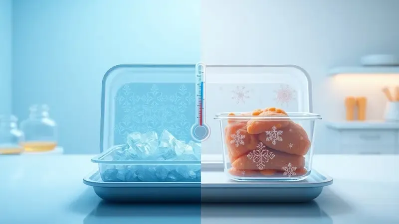 Render 3D conceitual ilustrando a ciência do descongelamento seguro de alimentos em marmitas.