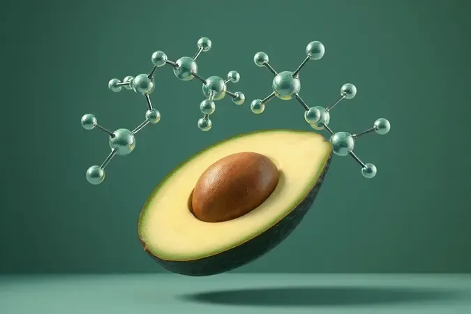 Renderização conceitual 3D mostrando estruturas moleculares representando gás etileno ao redor de abacate estilizado em corte transversal.