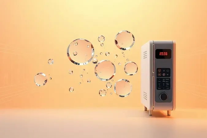 Ilustração 3D conceitual mostrando moléculas de água vibrando com ondas eletromagnéticas representando o funcionamento do micro-ondas