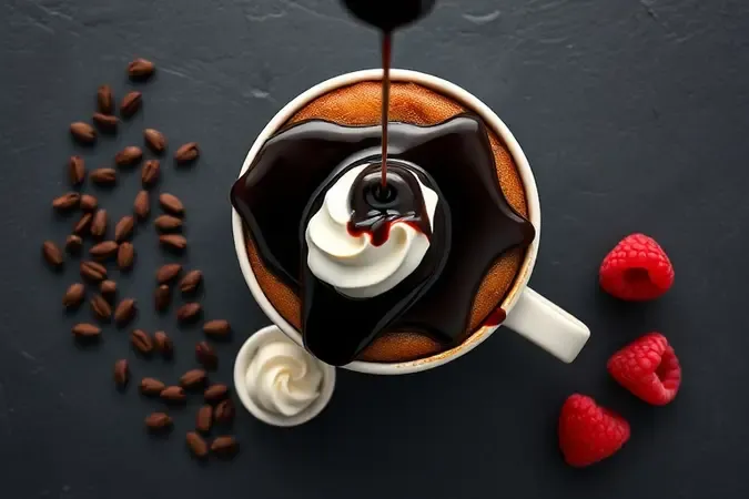 Bolo de caneca recebendo calda de chocolate com frutas vermelhas frescas e chantilly ao redor sobre ardósia escura.