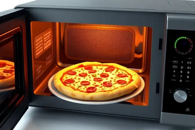 Pizza crua em prato próprio para micro-ondas sendo inserida no eletrodoméstico com interior iluminado em cena conceitual.
