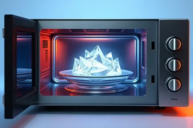 Render 3D conceitual de micro-ondas representando o processo de descongelamento com transição de tons frios para quentes.