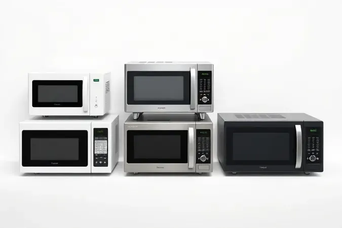 Render 3D de três micro-ondas sem marca em diferentes tamanhos e acabamentos representando opções de escolha para o consumidor.
