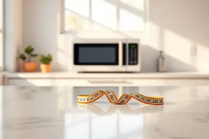 Cozinha moderna e iluminada com bancada de mármore, fita métrica e silhueta de micro-ondas em renderização 3D conceitual.