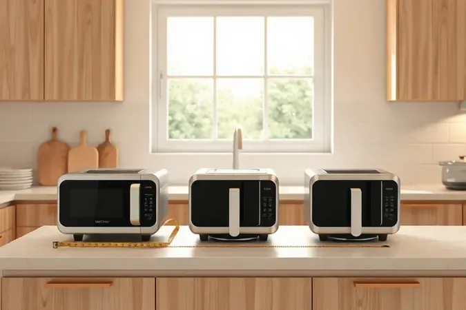 Ambiente conceitual 3D de cozinha com três opções de micro-ondas air fryer em tamanhos variados para auxiliar na escolha ideal.