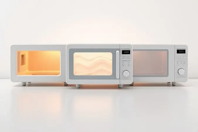 Renderização 3D conceitual comparando características de diferentes modelos de micro-ondas para auxiliar na escolha