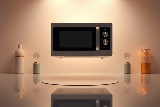 Guia visual conceitual para escolha de micro-ondas com elementos abstratos de decisão e comparação em renderização 3D.