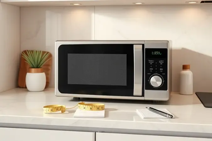 Cena conceitual 3D de cozinha moderna com micro-ondas, fita métrica e bloco de notas simbolizando escolha criteriosa.