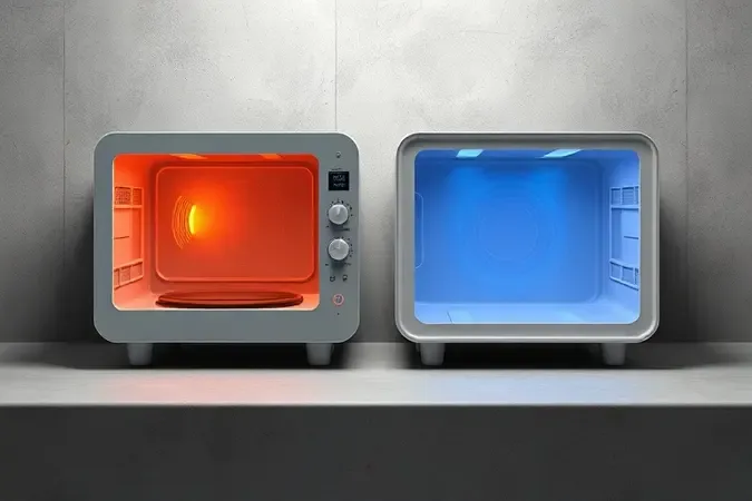 Renderização 3D conceitual mostrando o funcionamento interno de air fryer e micro-ondas de forma visual e educativa.