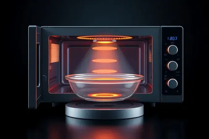 Ilustração conceitual mostrando o funcionamento interno de um micro-ondas com grill e ondas de calor.