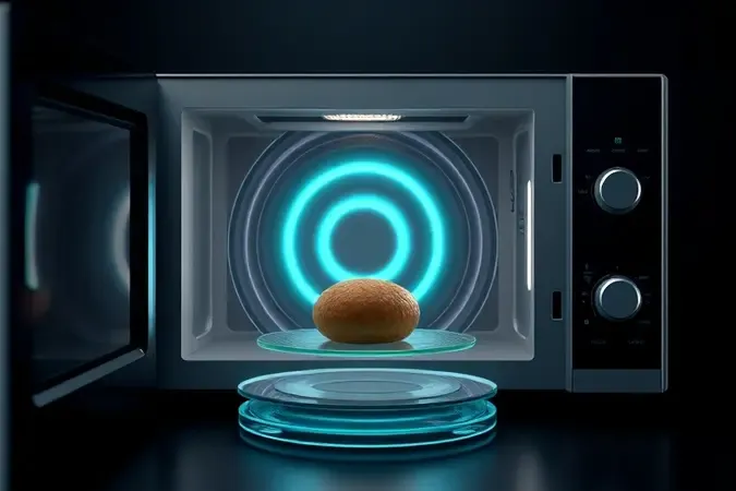 Visualização conceitual do funcionamento interno de micro-ondas com ondas eletromagnéticas estilizadas em corte transversal.