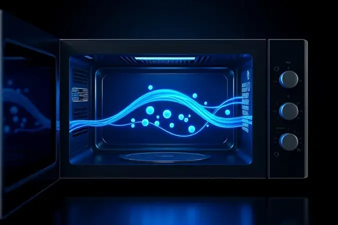 Visualização 3D abstrata do funcionamento interno de um micro-ondas com ondas eletromagnéticas.
