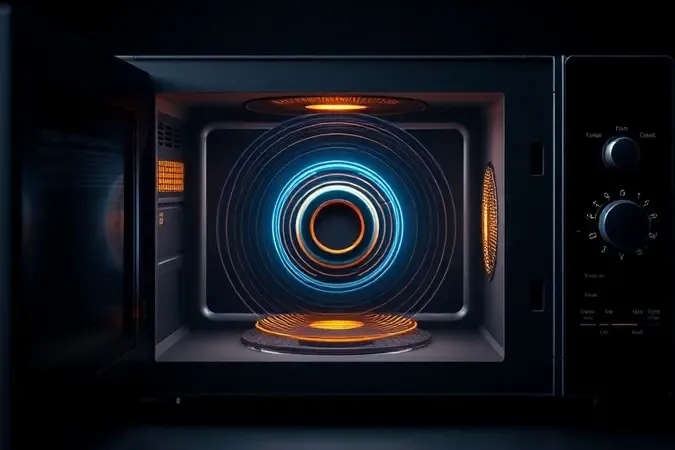 Visualização conceitual de ondas eletromagnéticas dentro de um micro-ondas, representando o funcionamento da tecnologia de aquecimento por radiação.