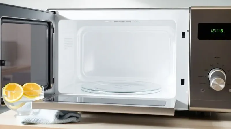 Renderização 3D de micro-ondas limpo com porta aberta e materiais de limpeza naturais em cozinha iluminada.