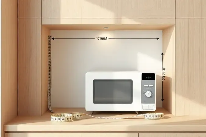 Guia visual de como medir o espaço da cozinha para instalar um micro-ondas com fita métrica e indicações de dimensões.