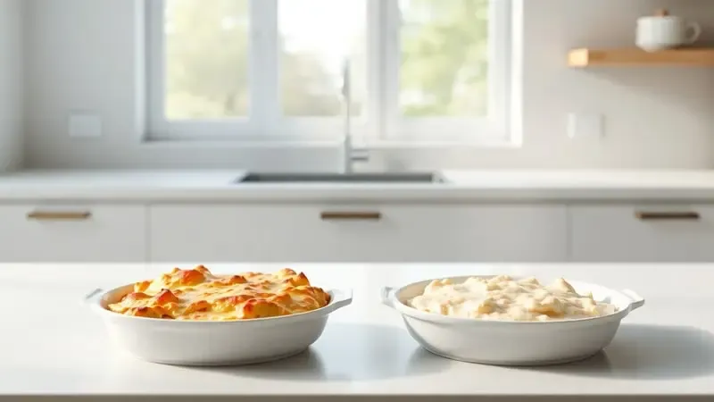 Render 3D comparando resultado de assamento: prato dourado do forno elétrico versus prato cozido do micro-ondas.