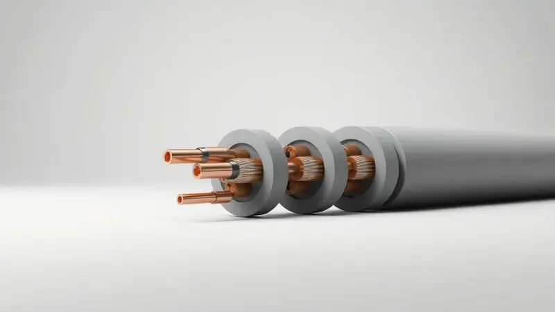 Comparação conceitual de bitolas de fios elétricos em corte transversal com diferentes espessuras de cobre.