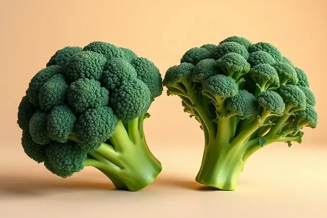 Comparação lado a lado entre brócolis ninja de floretes compactos e brócolis ramoso de talos alongados e separados.