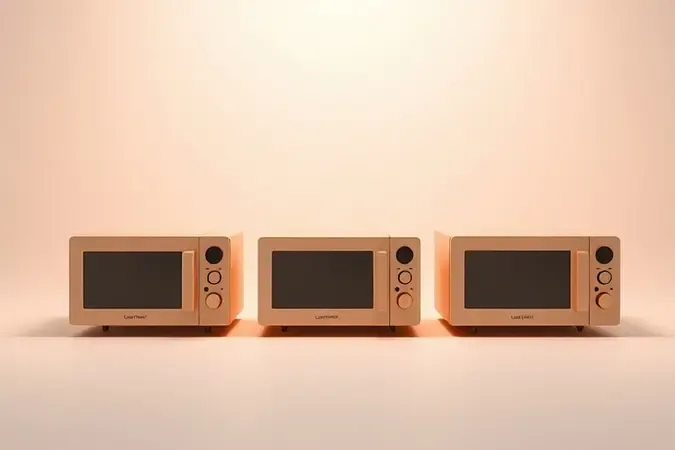 Comparação conceitual 3D de três micro-ondas de diferentes tamanhos lado a lado representando variação de capacidade em litros.