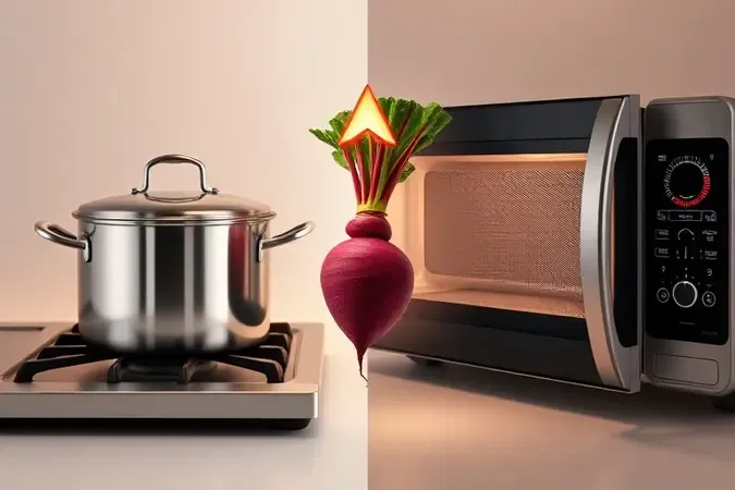 Comparação conceitual entre cozimento tradicional no fogão e beterraba no micro-ondas em ambiente moderno e clean.