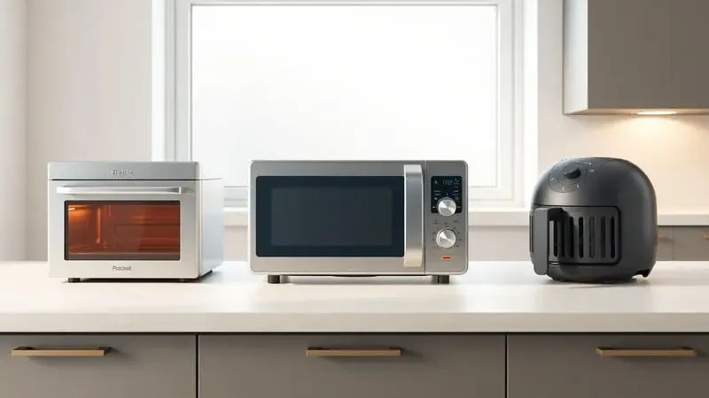 Render 3D com forno elétrico, micro-ondas e airfryer em composição triangular sobre bancada de cozinha moderna.