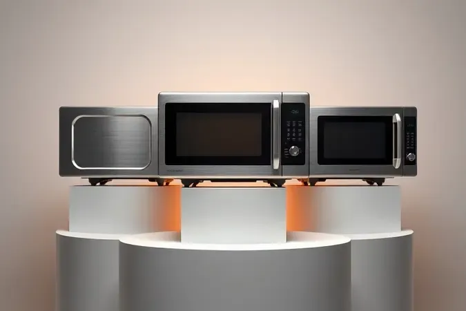 Comparação conceitual entre diferentes estilos de micro-ondas em renderização 3D minimalista e sofisticada