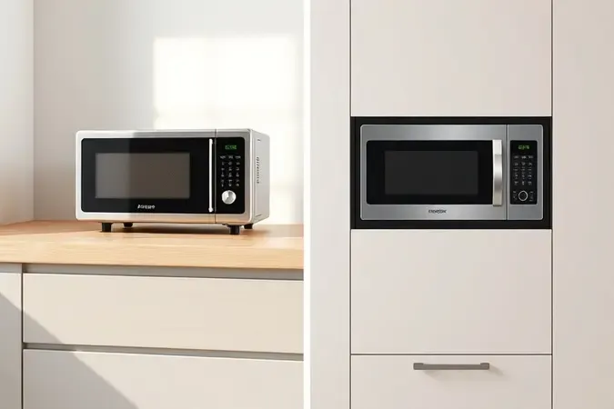 Comparação conceitual 3D entre micro-ondas de bancada e de embutir em cozinha moderna.