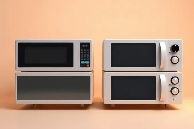 Render 3D conceitual comparando dois micro-ondas modernos lado a lado em estúdio limpo