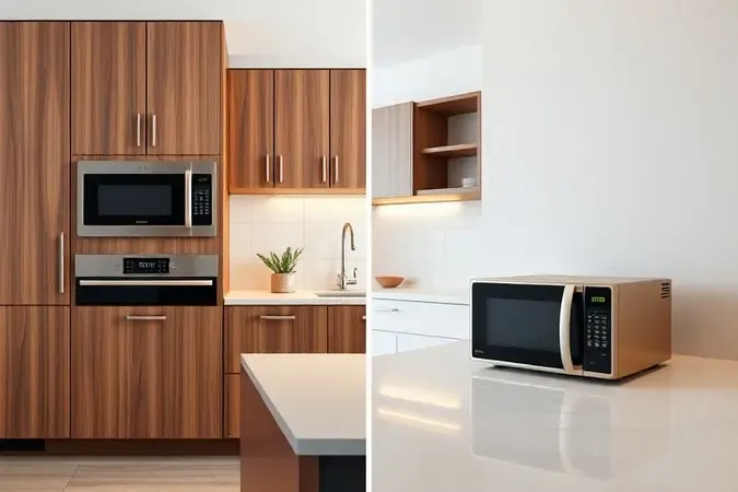 Comparação visual entre micro-ondas de embutir integrado em armário planejado e modelo de bancada sobre balcão de cozinha moderna