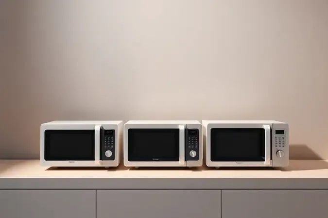 Renderização 3D conceitual mostrando três micro-ondas minimalistas de tamanhos diferentes para comparação.