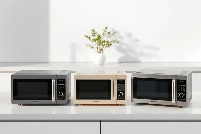 Comparação conceitual de diferentes designs de micro-ondas modernos em composição minimalista com tons neutros.