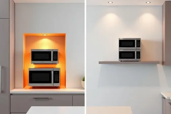 Comparação entre nicho embutido e suporte suspenso para micro-ondas em cozinha moderna com design clean e iluminação ambiente