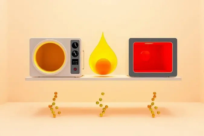 Comparação visual 3D entre micro-ondas, fogão e forno na retenção de nutrientes dos alimentos com esferas representando vitaminas.