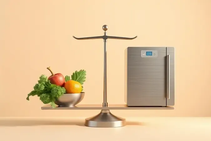 Balança conceitual equilibrada representando riscos e benefícios de air fryer e micro-ondas com legumes frescos.