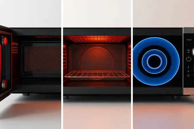 Comparação 3D entre interiores de micro-ondas convencional, com grill e com convecção em composição tríptica.