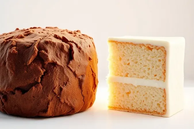 Comparação conceitual entre bolo borrachudo e bolo fofinho em render 3D ilustrando erros comuns de preparo.