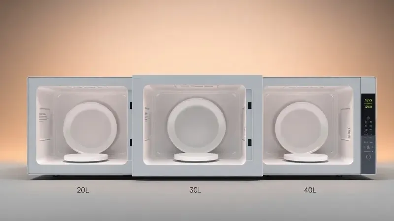 Comparação visual de capacidades internas de micro-ondas de 20, 30 e 40 litros em renderização 3D