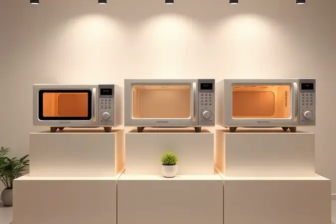 Renderização 3D comparando três tamanhos de micro-ondas lado a lado com indicações visuais de capacidade para diferentes tamanhos de família.