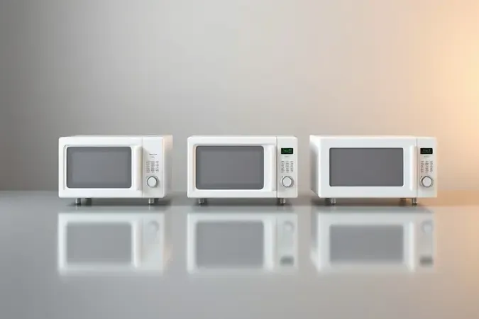 Render 3D conceitual com três silhuetas minimalistas de micro-ondas lado a lado em superfície reflexiva para comparação visual de modelos.