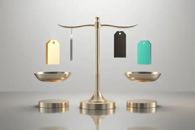 Ilustração 3D conceitual de comparação de valor e concorrência no mercado de micro-ondas