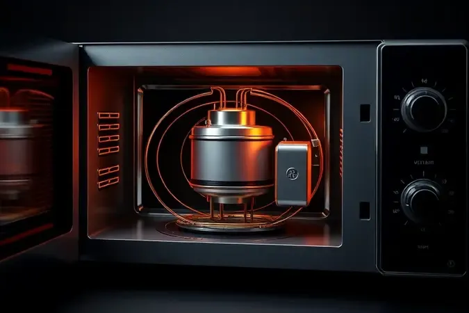 Visualização conceitual 3D dos componentes internos de micro-ondas com fluxo elétrico de sobrecarga.