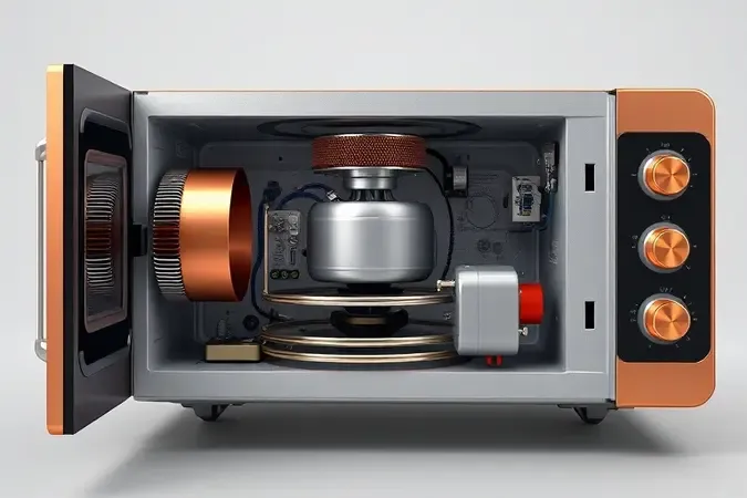 Visualização conceitual em vista explodida dos componentes internos de um micro-ondas incluindo magnetron, capacitor de alta voltagem, diodo e transformador.