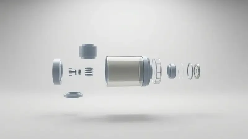 Componentes de uma mufla para micro-ondas odontológica dispostos em sequência conceitual passo a passo.