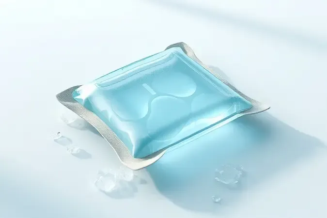 Compressa fria conceitual em render 3D com tons azulados e atmosfera refrescante.