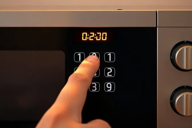 Dedo pressionando teclado numérico de micro-ondas para configurar horas e minutos com display digital mostrando números