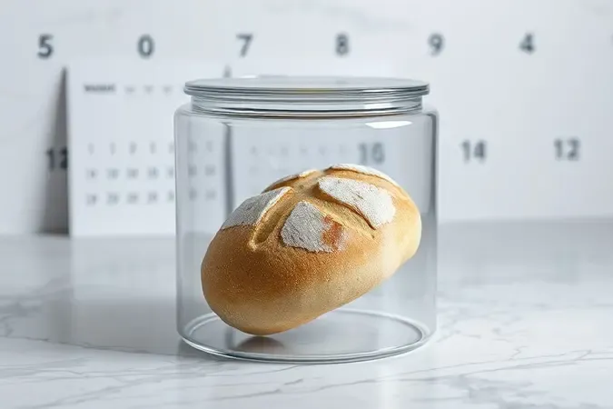 Renderização 3D conceitual de um pão artesanal preservado em recipiente com leve camada de gelo, representando a estratégia de congelamento contra o desperdício.
