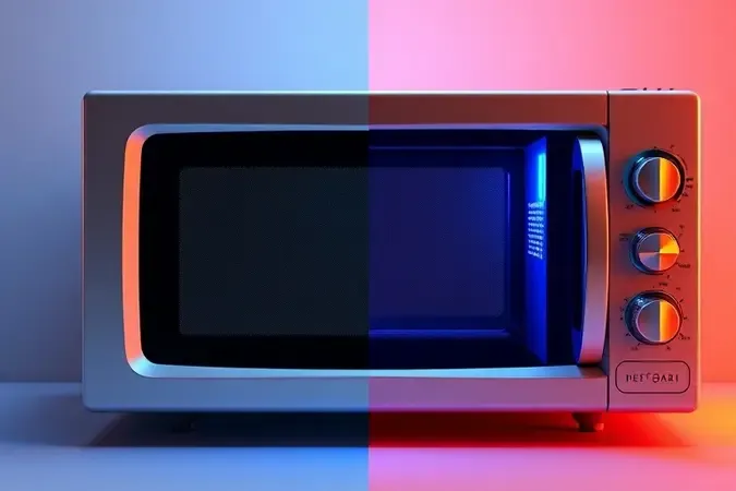 Render 3D conceitual de micro-ondas dividido entre estado novo e reparado representando decisão de consertar ou comprar