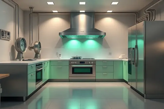 Conceito 3D de eficiência energética e consumo sustentável em equipamentos industriais para cozinha profissional.
